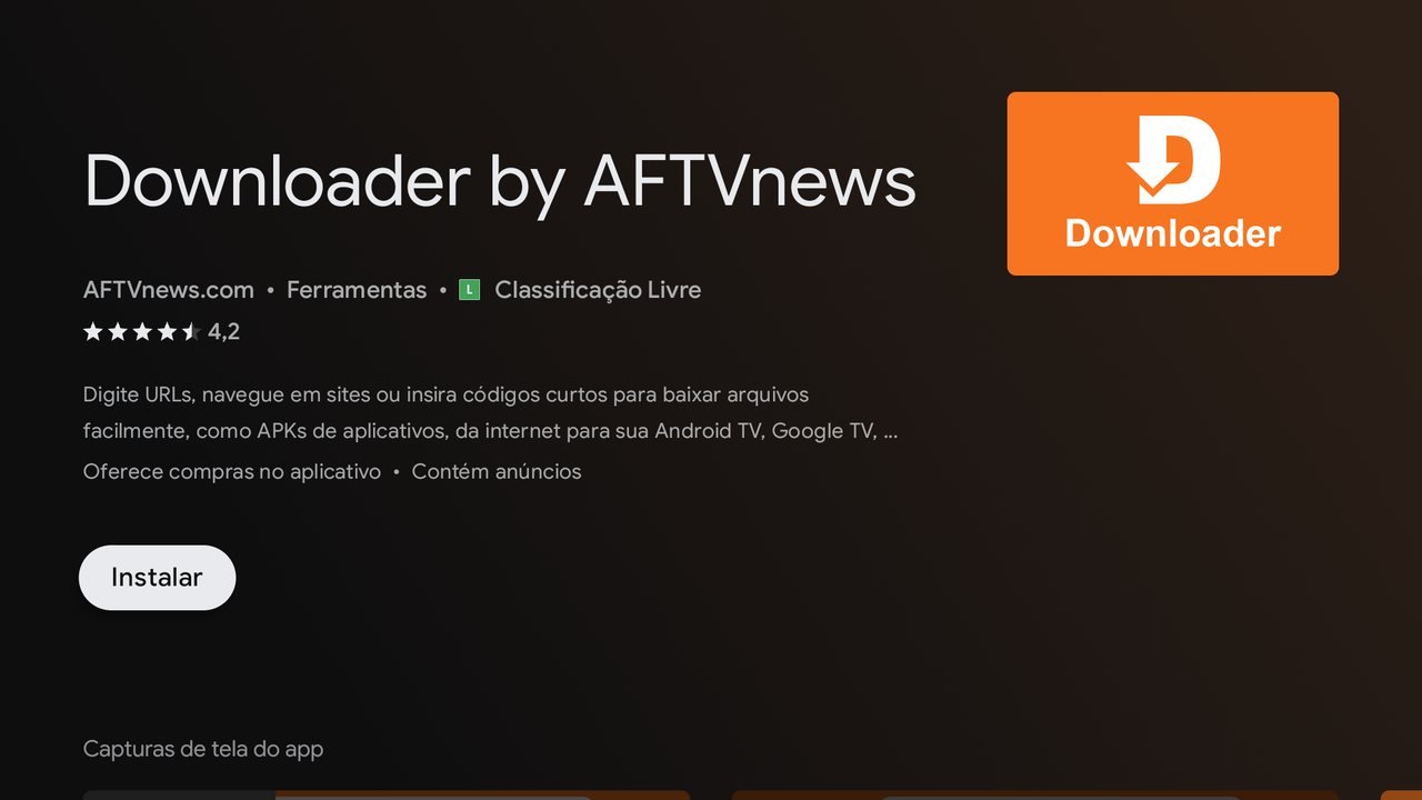 Downloader na Play Store da TV, com o botão Instalar