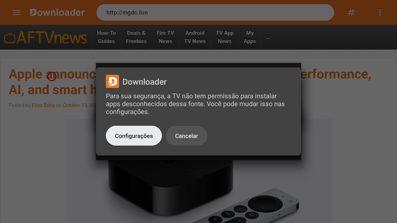 Aviso da TV pedindo permissão pra instalar apps do Downloader