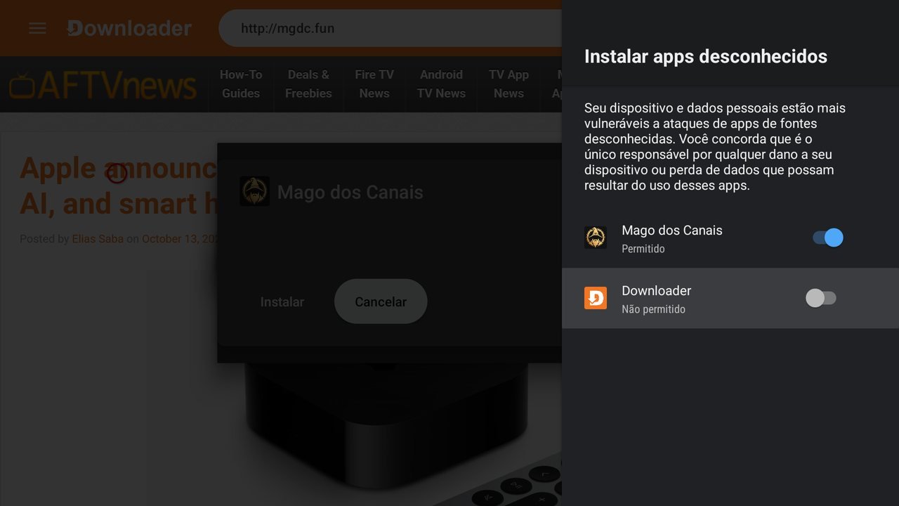 Configuração Instalar apps desconhecidos com o Downloader