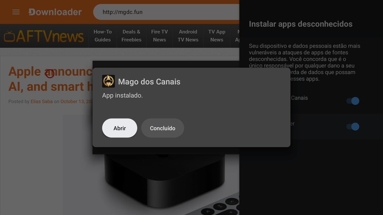 App instalado, com os botões Abrir e Concluído
